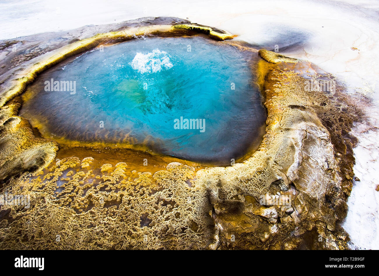 The intense blue bubbling water in the hole of a geyser in Iceland. Stock Photo