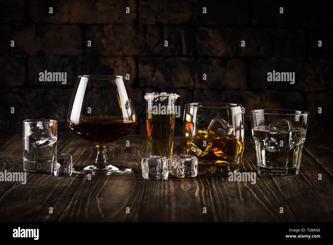 Strong alcohol drinks whiskey, cognac, vodka, rum, tequila Stock