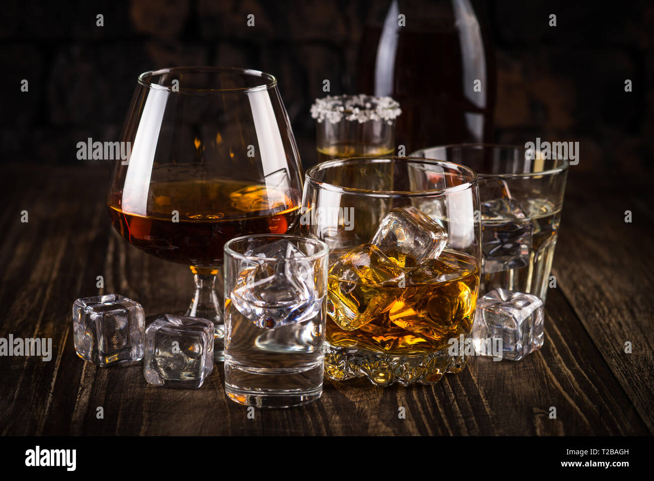 Strong alcohol drinks whiskey, cognac, vodka, rum, tequila Stock