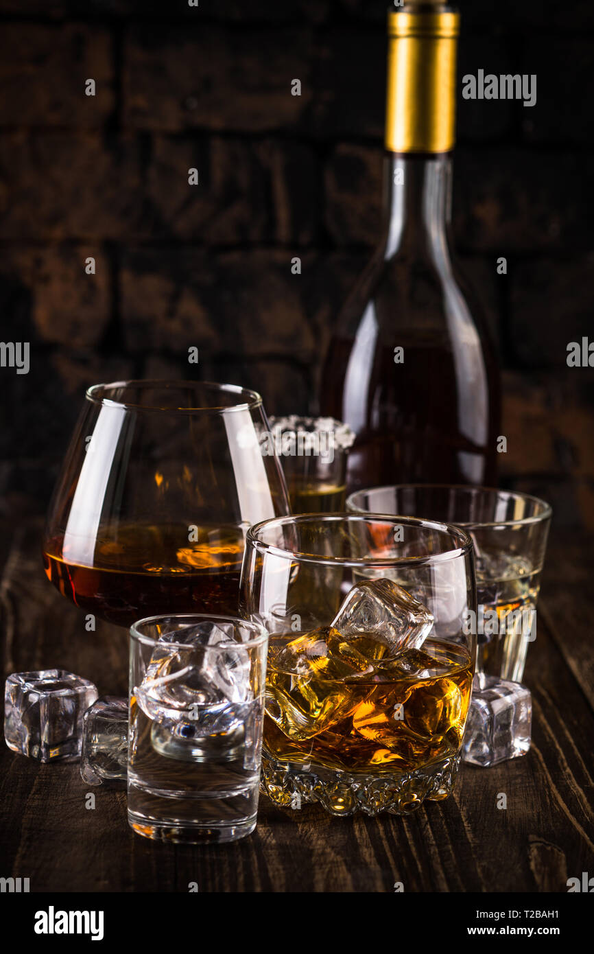 Strong alcohol drinks whiskey, cognac, vodka, rum, tequila Stock