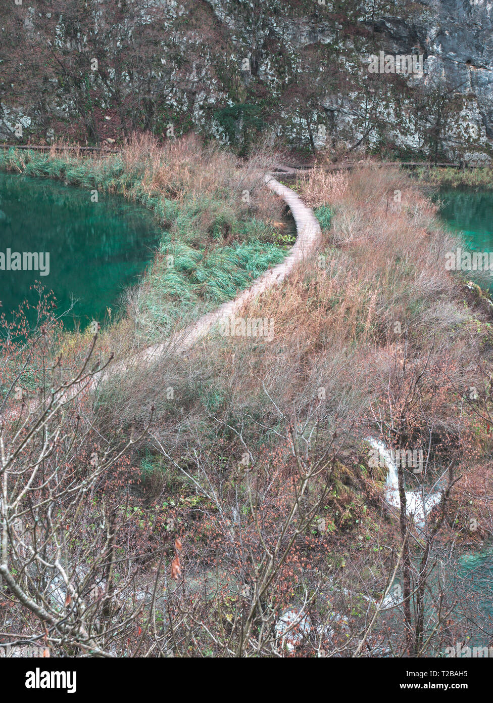 Wooden bridge way in national park Plitvice lakes in Croatia Stock Photo