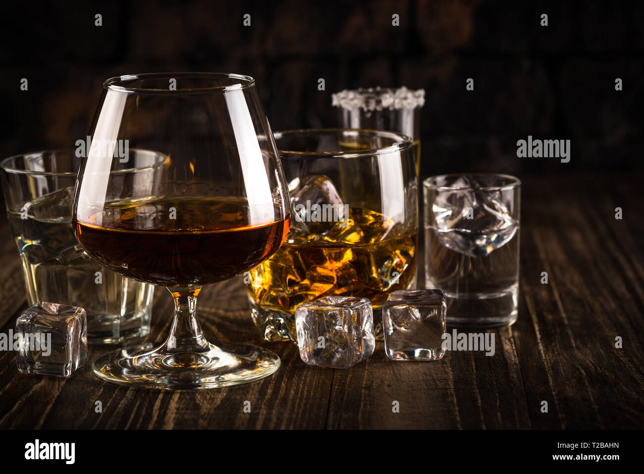 Strong alcohol drinks whiskey, cognac, vodka, rum, tequila Stock
