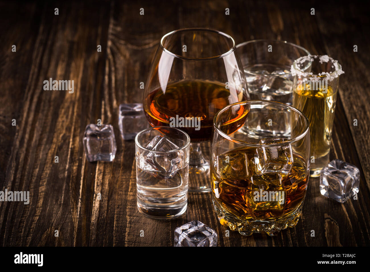 Strong alcohol drinks whiskey, cognac, vodka, rum, tequila Stock Photo Alamy
