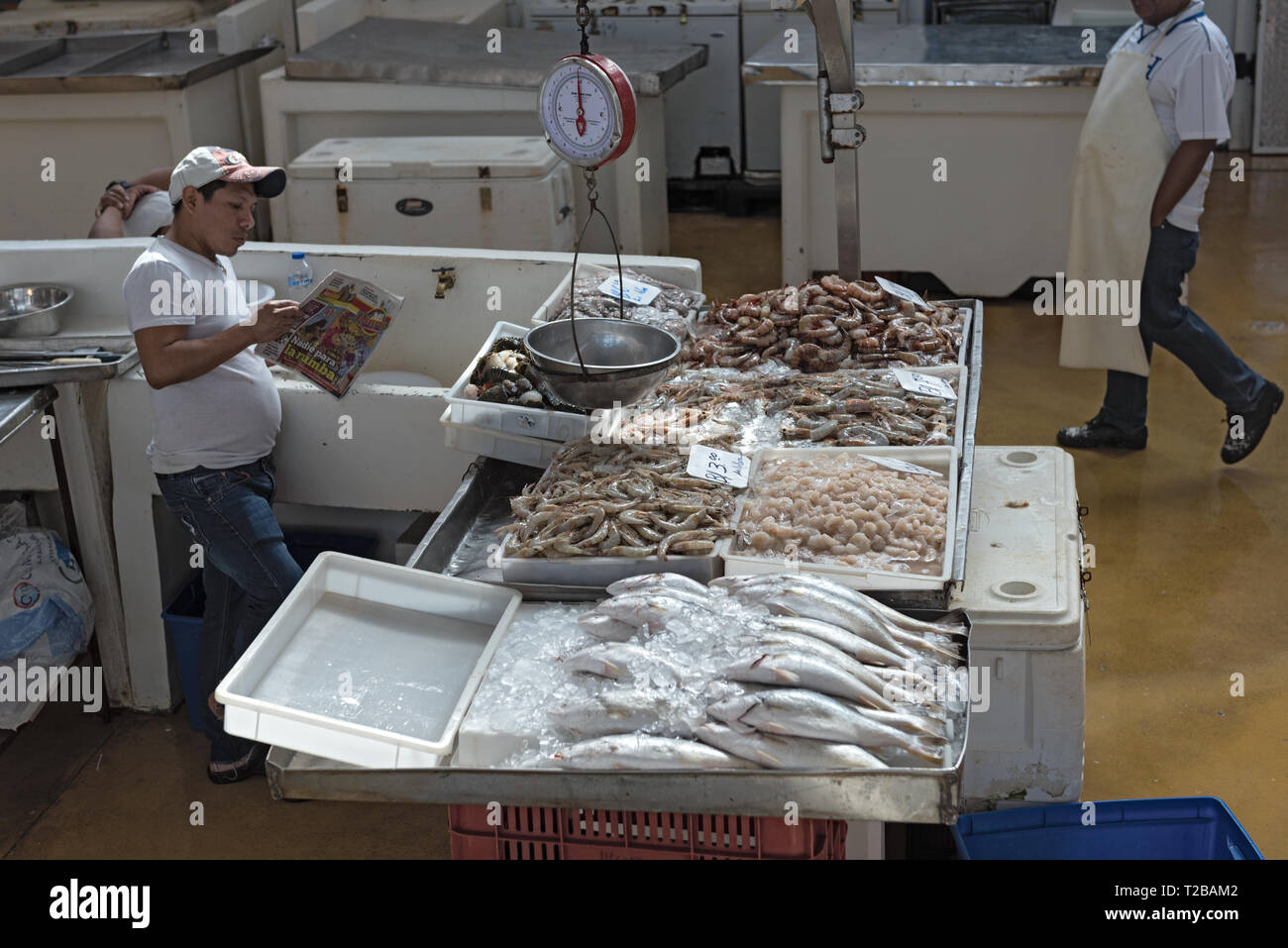 dealer in the sea fish market mercado de mariscos in the old town casco viejo of panama city Stock Photo