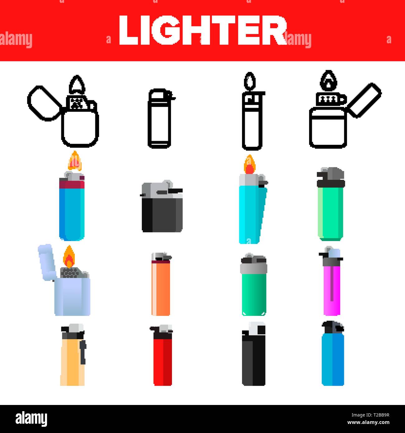 Lighter Icon Set Vector. Gas Tool. Tobacco Lighter Icons. Burning