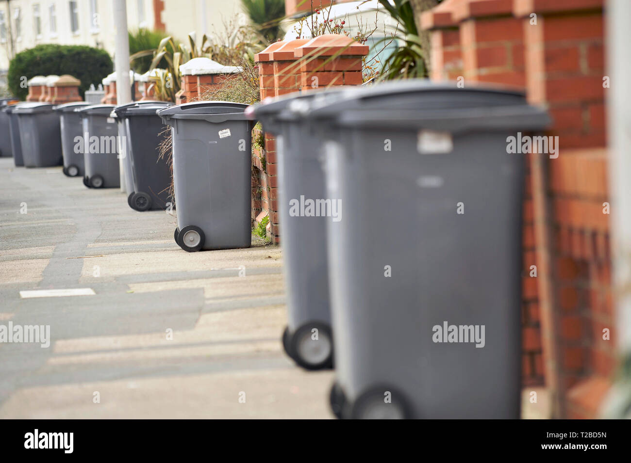 Plastic wheelie bins outside front gates awaiting emptying Stock Photo