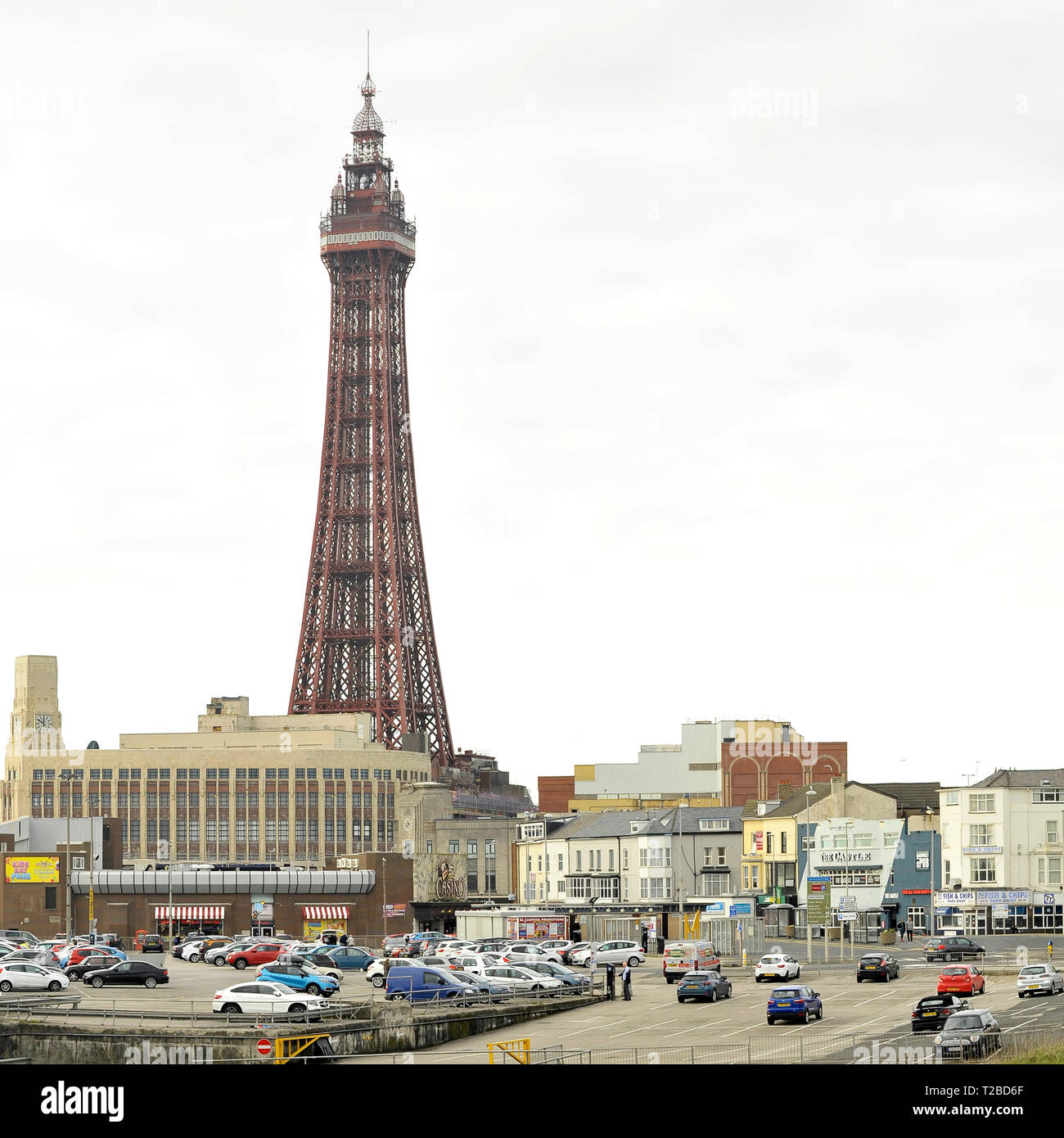 Blackpool Tower, central car park and surrounding buildings Stock Photo