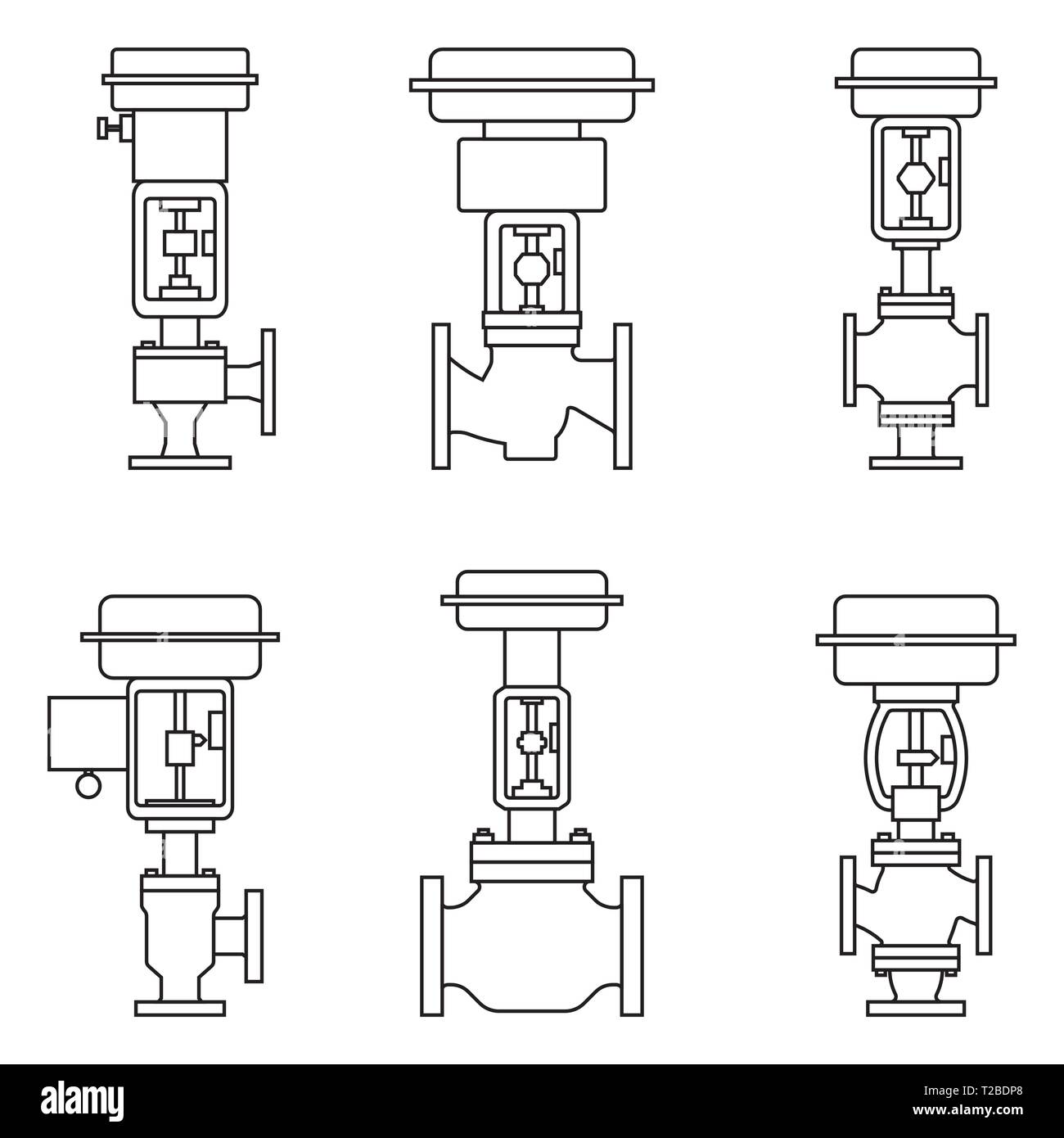 Regulating valve. Machine parts. Thin line vector icons Stock Vector