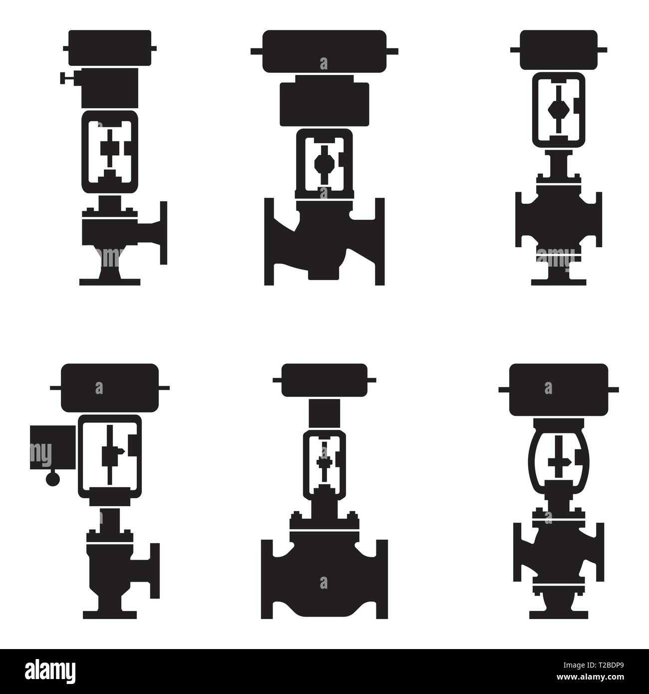 Regulating valve. Machine parts. Silhouette vector icons Stock Vector