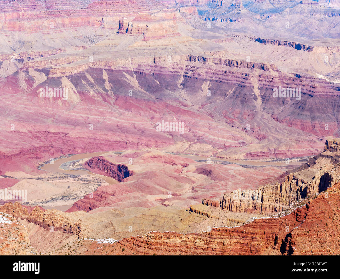 The Great Unconformity (top left) between the tilted Grand Canyon Supergroup and overlying Tonto Group at Apollo Temple, viewed from Lipan Point. Stock Photo