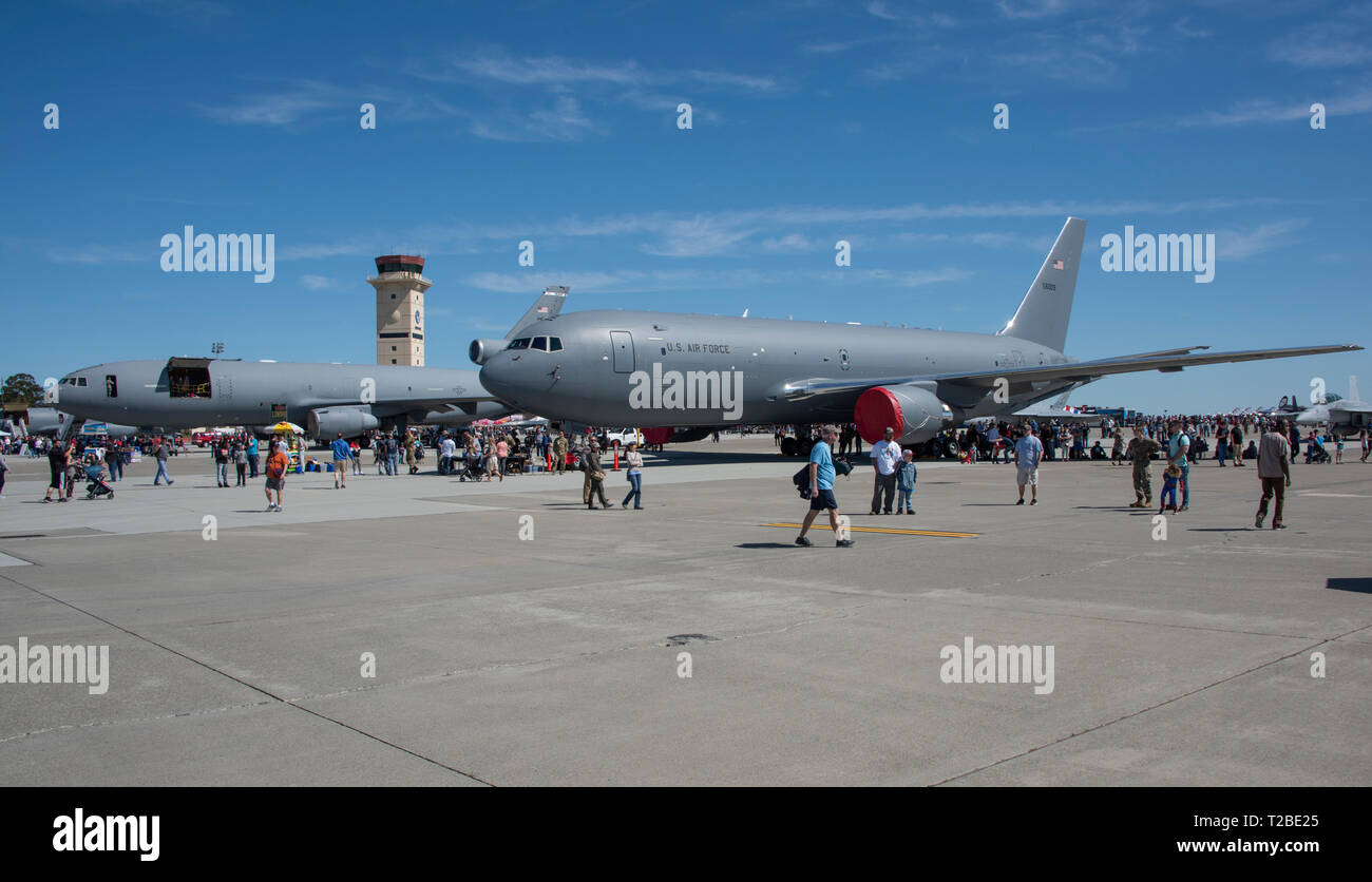 A U.S. Air Force KC-46 Pegasus on static display at Travis Air Force Base, California, at the “Thunder Over the Bay” Air Show at Travis Air Force Base, California, March 30, 2019. This marks the first public viewing of the Air Force’s newest tanker aircraft. In addition to the KC-46 Pegasus, the two-day event featured performances by the U.S. Air Force Thunderbirds aerial demonstration team, U.S. Army Golden Knights parachute team, flyovers, and static displays. The event honored hometown heroes like police officers, firefighters, nurses, teachers and ordinary citizens whose selfless work made Stock Photo