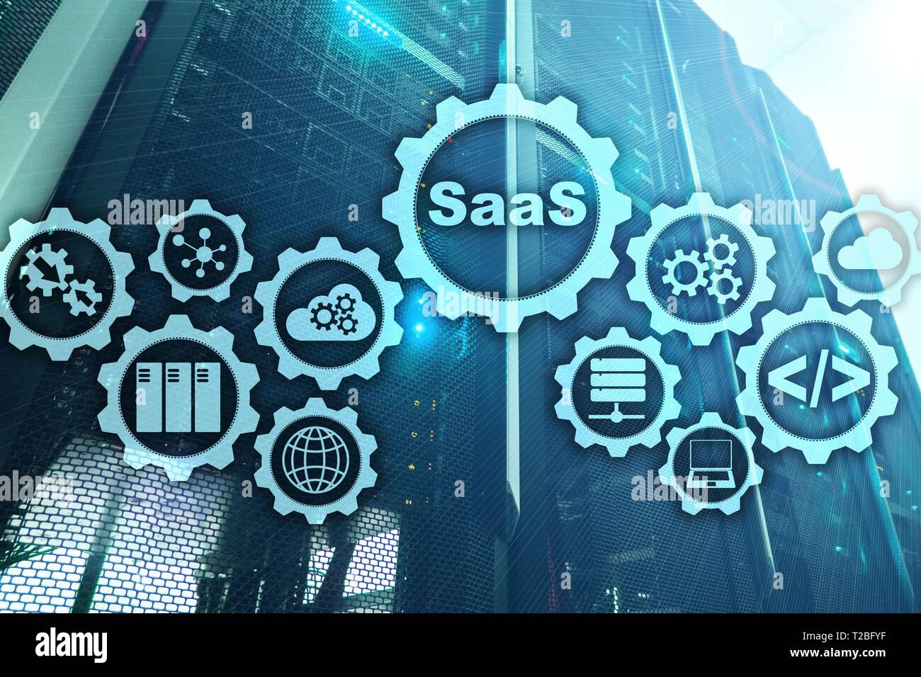 Software as a Service SaaS. Software concept. Modern technology model on a virtual screen server room background. Software On Demand Stock Photo