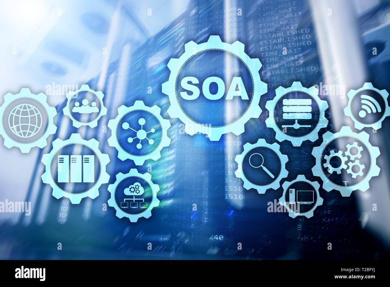 SOA. Business model and Information technology concept for Service Oriented Architecture under principle of service encapsulation. Stock Photo