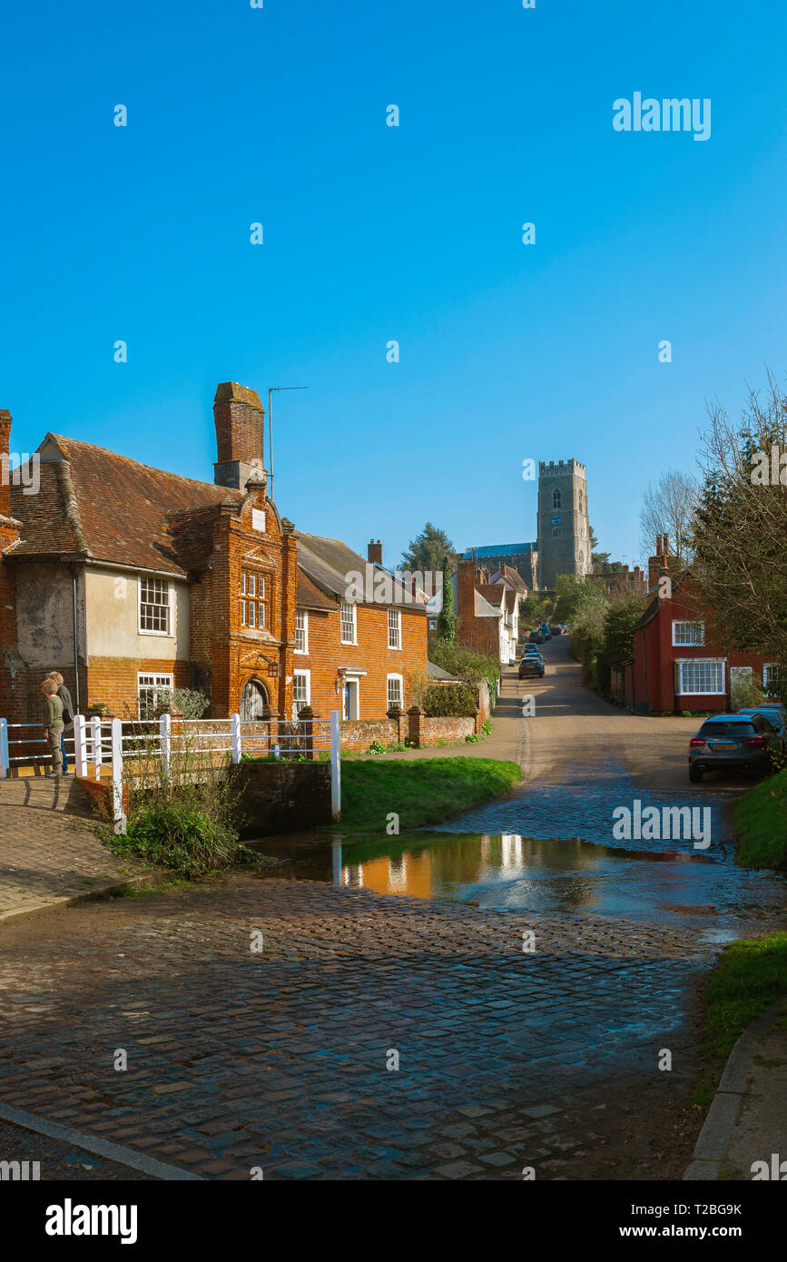 Kersey street Suffolk, view of The Street in the centre of Kersey village, with its famous ford or 'splash' in the foreground, Suffolk, England, UK. Stock Photo