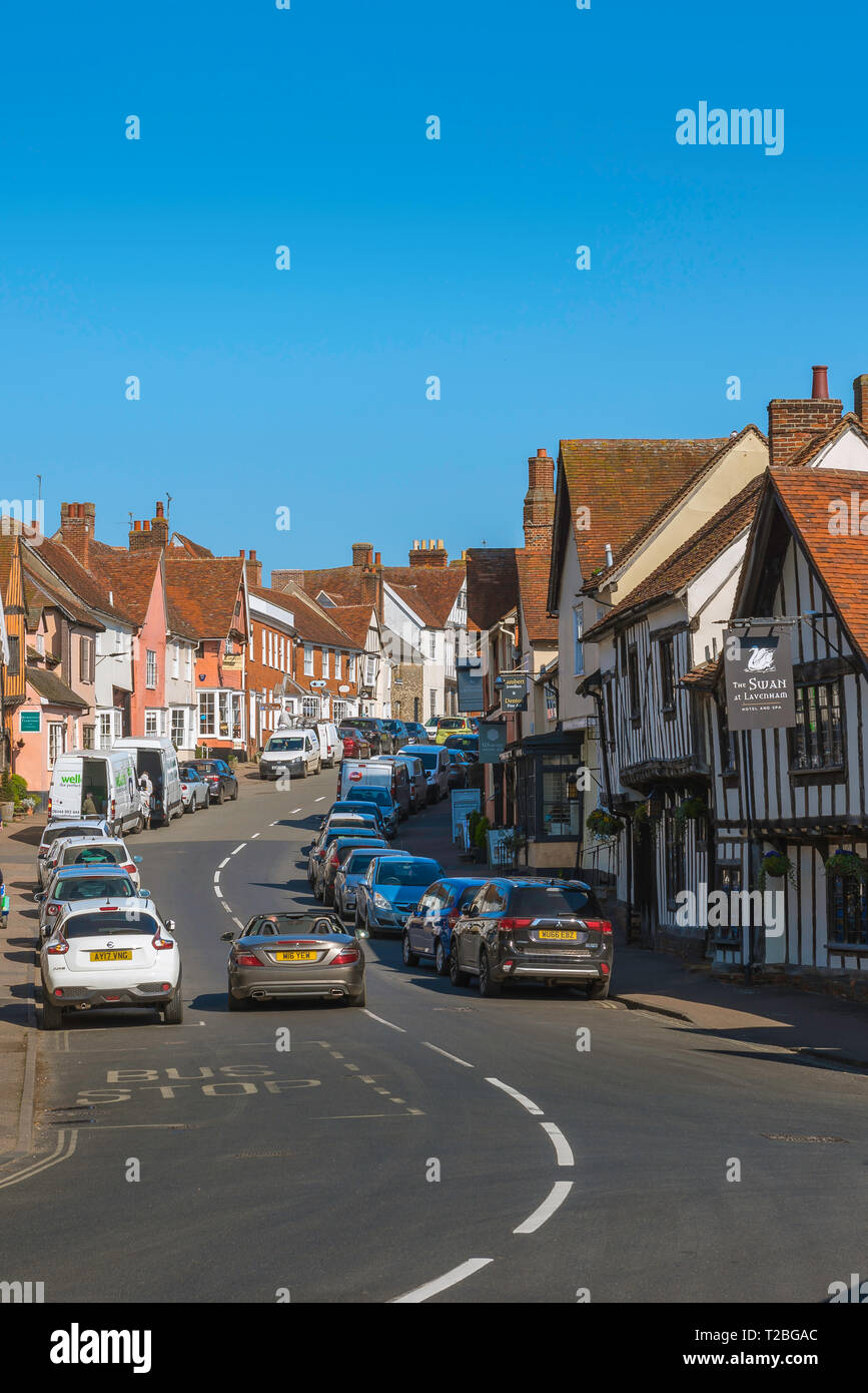 Lavenham Suffolk, view in summer of old buildings and shops lining both