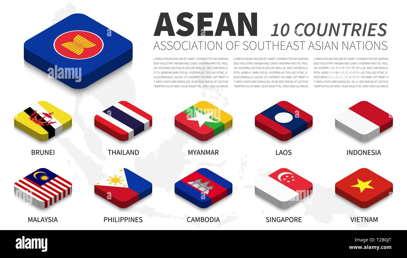 ASEAN flag and membership and southeast asia map background . Isometric top design . Vector . Stock Vector