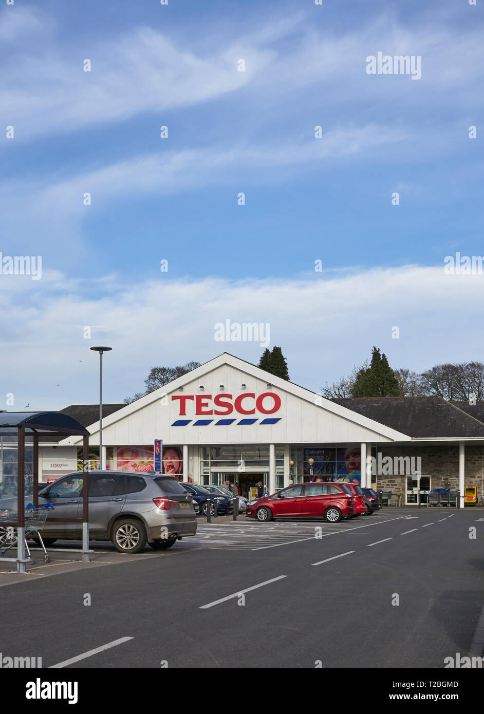 The Entrance to the Tesco Supermarket in Forfar, Angus, Scotland. March 2019. Stock Photo