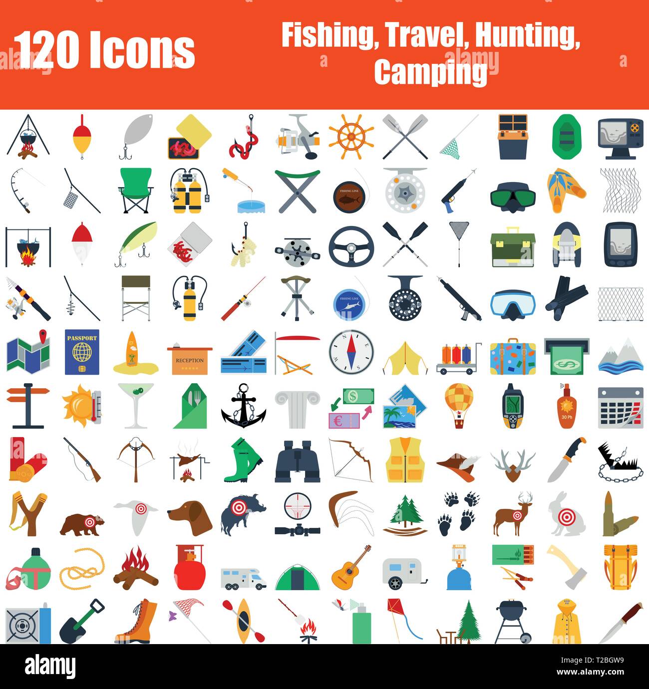 Set of 120 icons. Fishing, Travel, Hunting, Camping themes. Color Flat ...