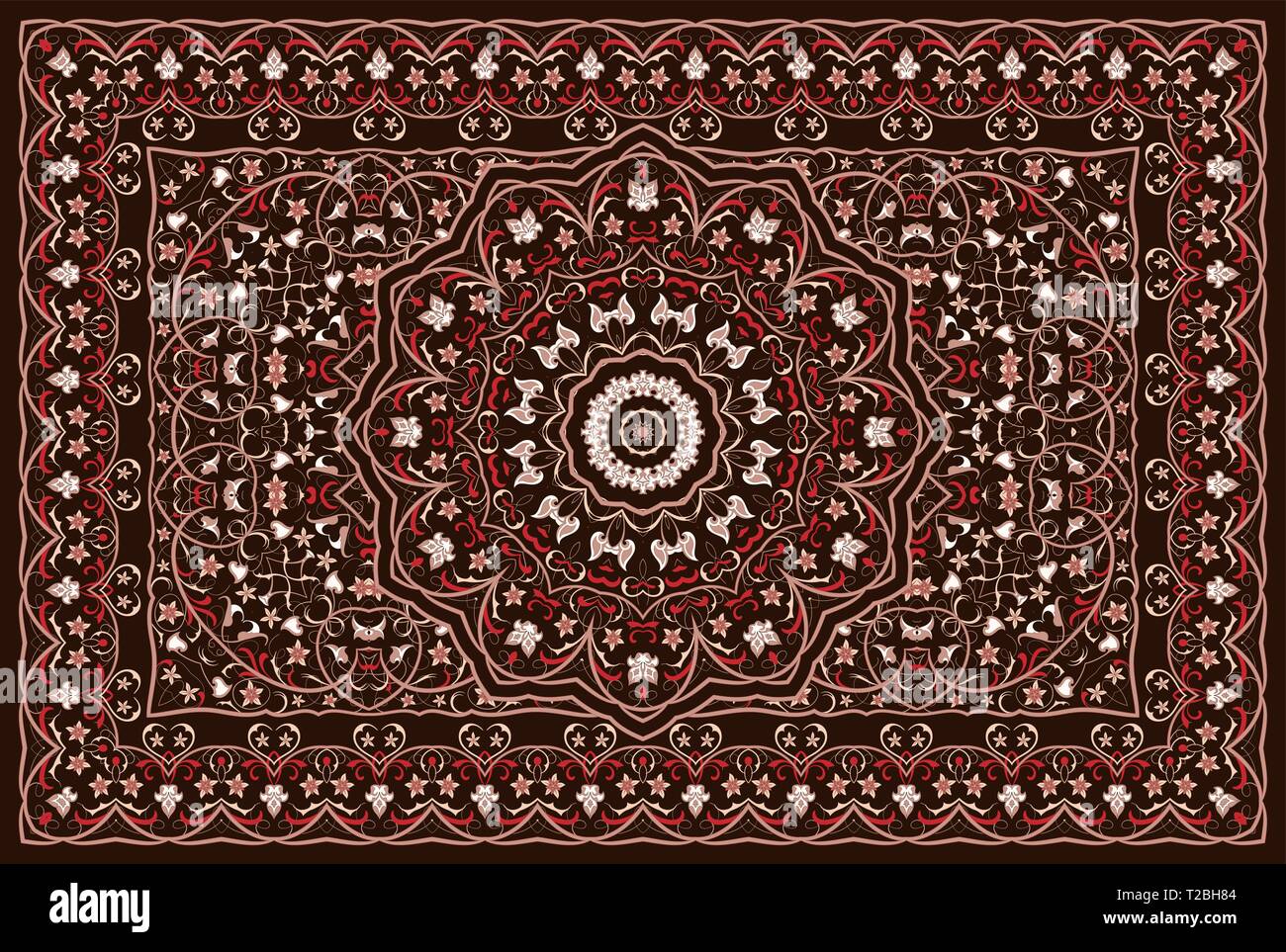Vintage Arabic pattern. Persian colored carpet. Rich ornament for fabric design, handmade, interior decoration, textiles. Red background. Stock Vector