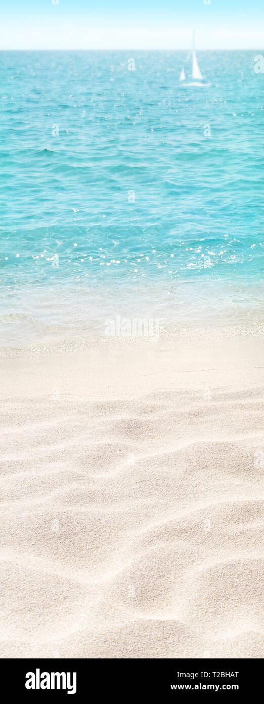 Beach blurred vertical background. Tropical island paradise. Sandy shore washing by the wave. Blue ocean water.  Dreams summer vacations destination.  Stock Photo