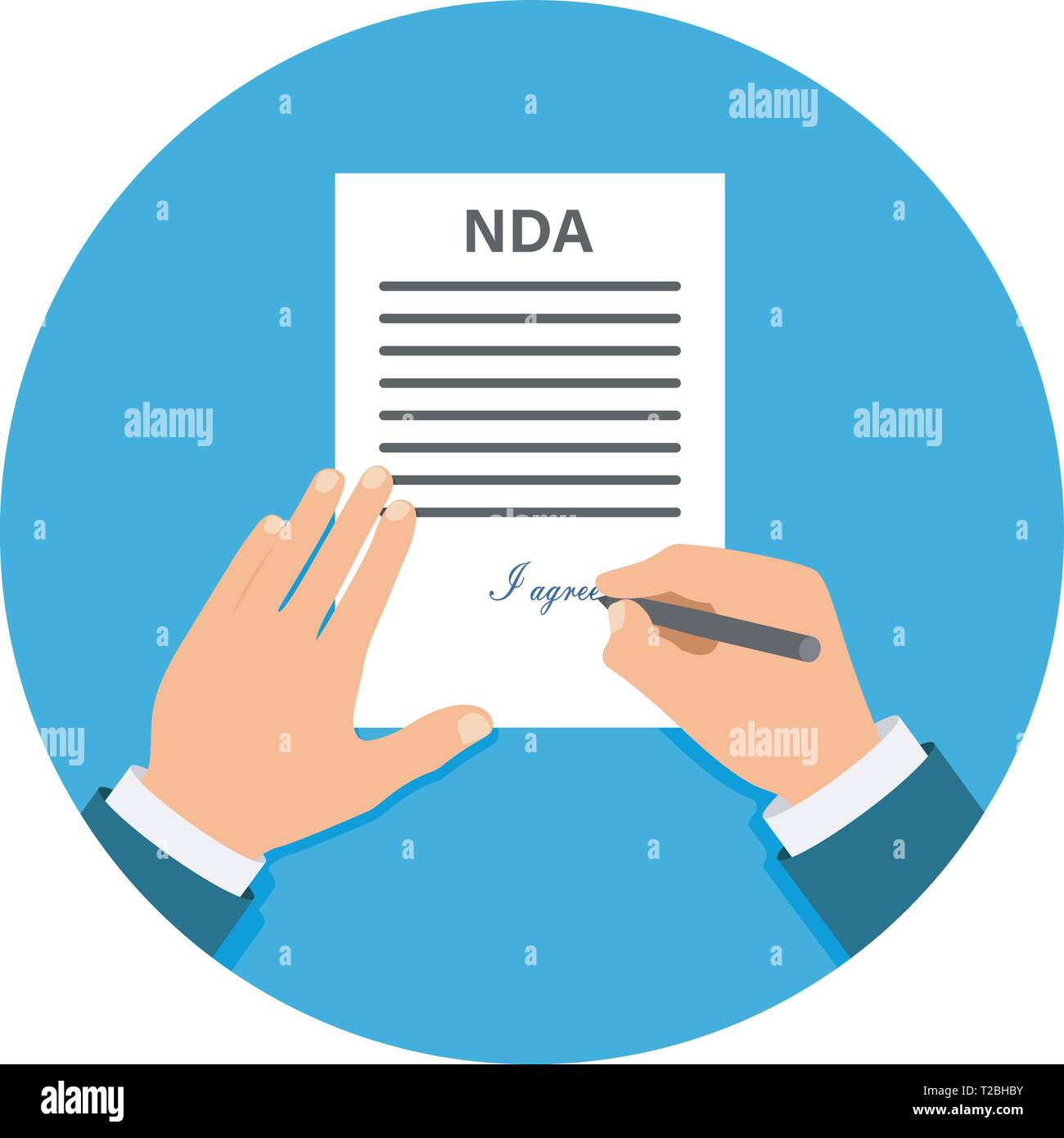 Colored Cartooned Hand Signing NDA. Contract Signed document. NDA concept. Secret files. Stock Vector
