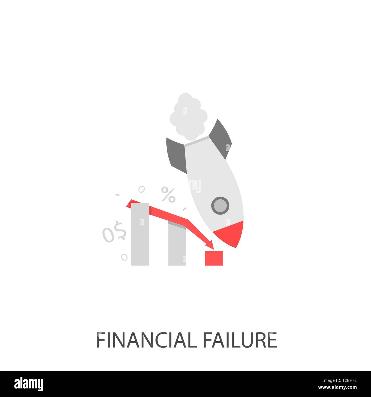 Financial failure. Failure startup concept, falling rocket and declining graph Vector illustration Stock Vector