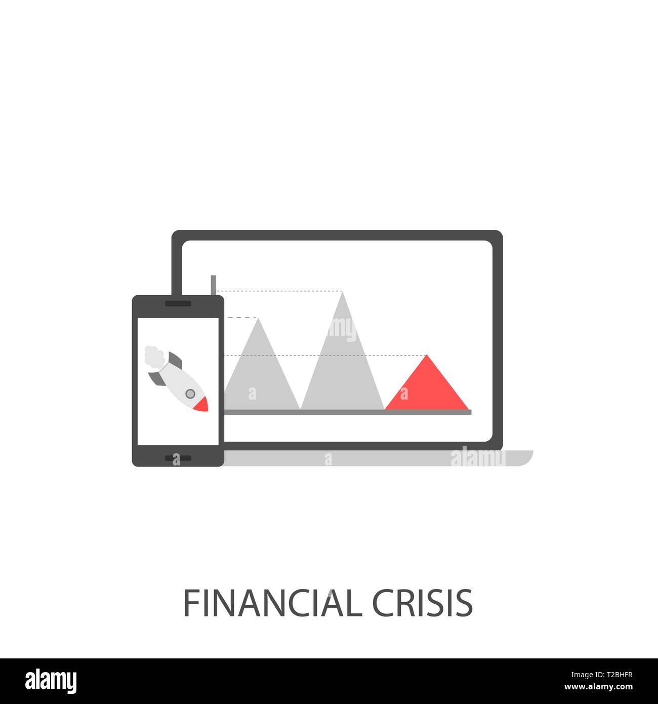 Financial crisis. Business crisis concept, red arrow sign graph, falling rocket, phone and laptop Vector illustration Stock Vector