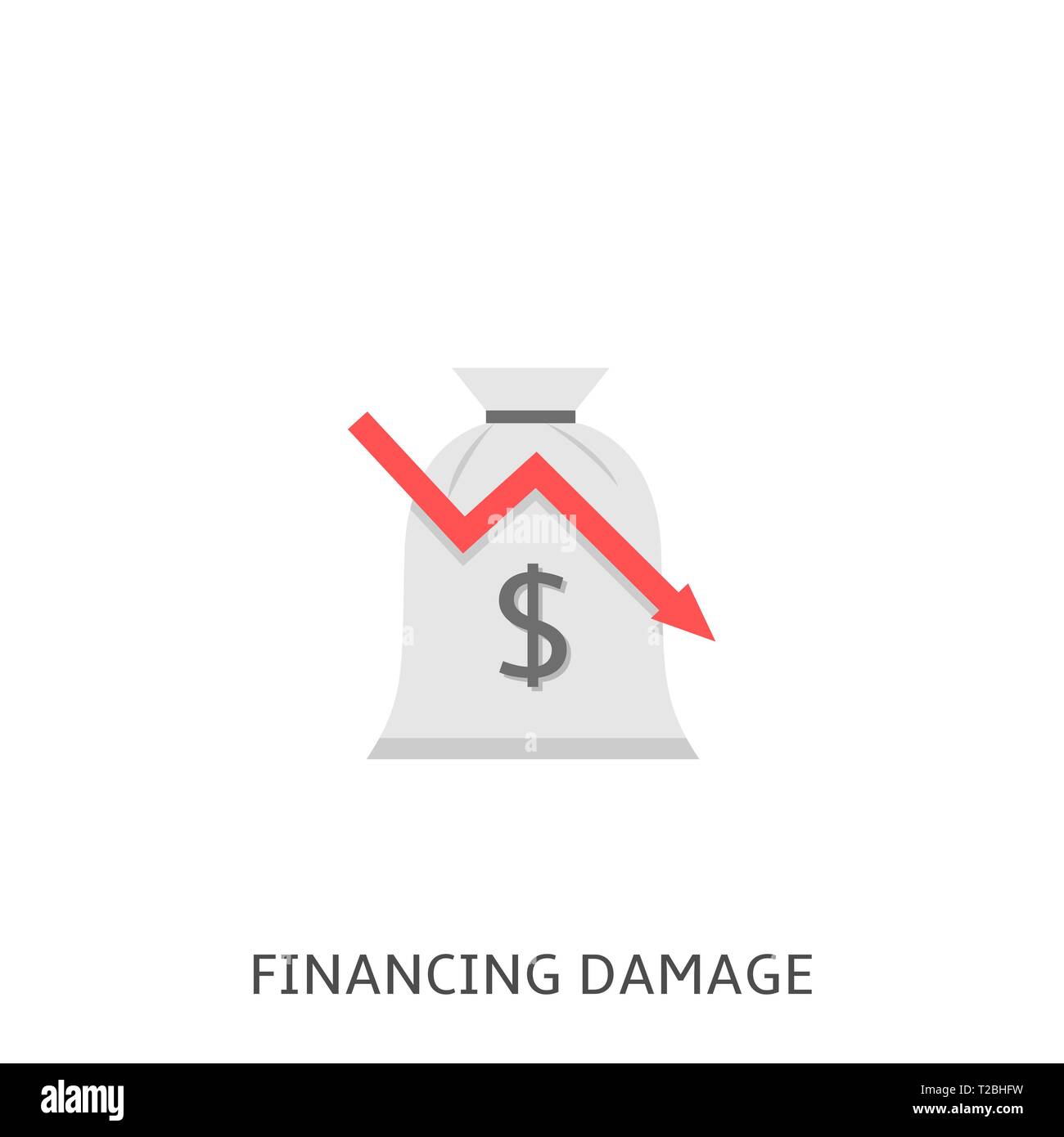 Financial damage. Money bag with dollar sign and red decline arrow symbol Vector illustration Stock Vector