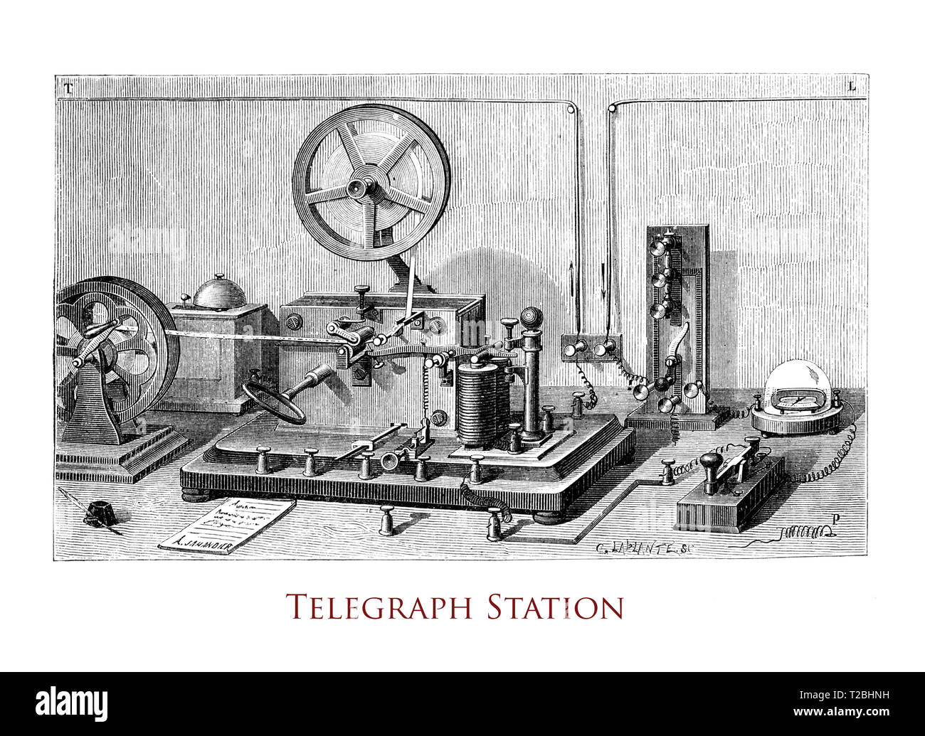 Vintage engraving middle '800: Morse telegraph station with transmitter and receiver devices Stock Photo