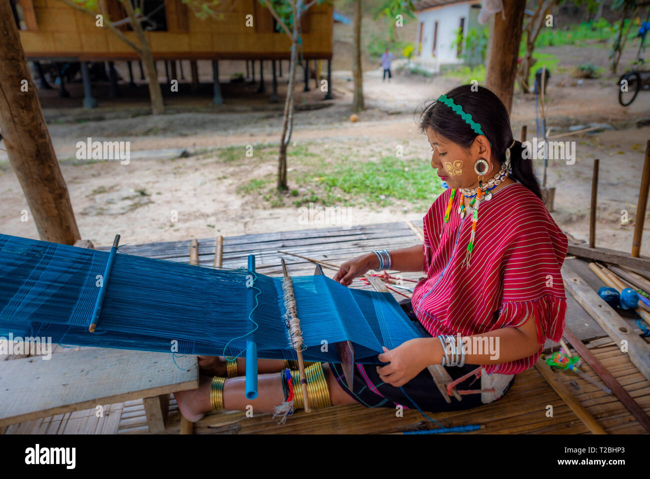 Baan Tong Luang Chiang Mai Thailand April 16 2018 Young Tribal woman weaving Stock Photo