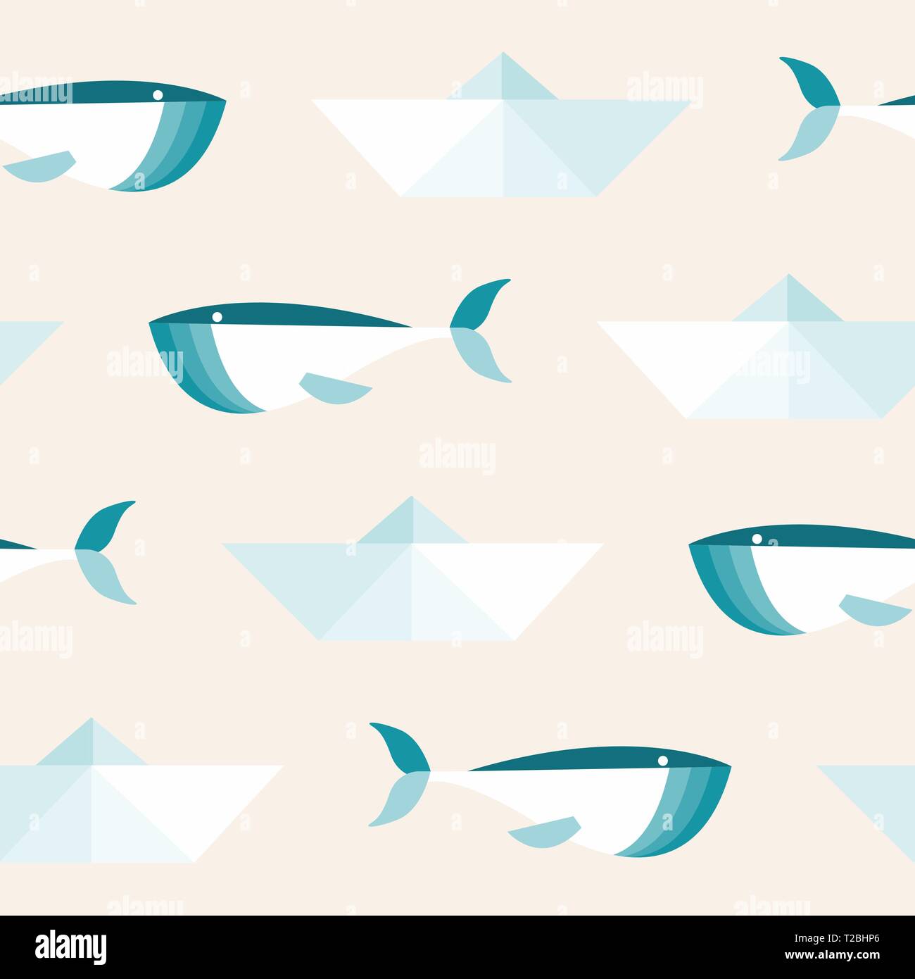 Seamless Pattern: Repeating Whales and Paper Ships. Stock Vector