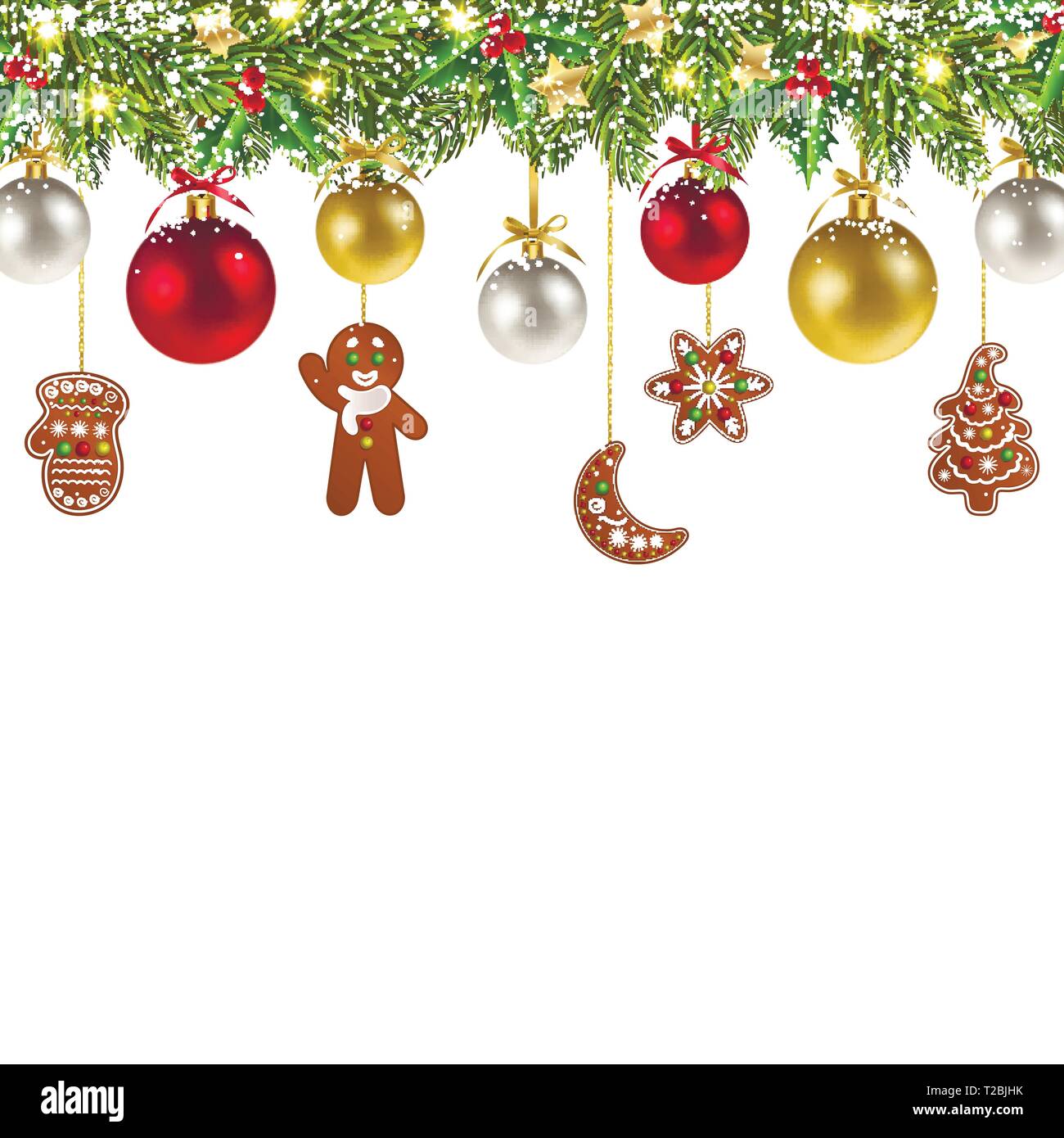 christmas banner with christmas gingerbread and balls on white background Stock Vector
