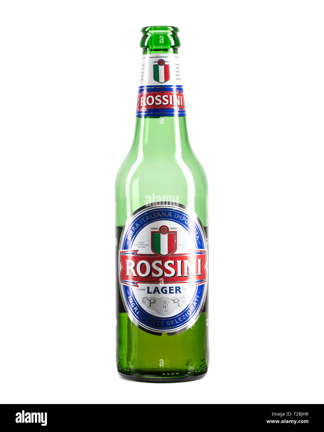 SWINDON, UK - APRIL 01, 2019: Half full bottle of Rossini Lager beer on a white background Stock Photo