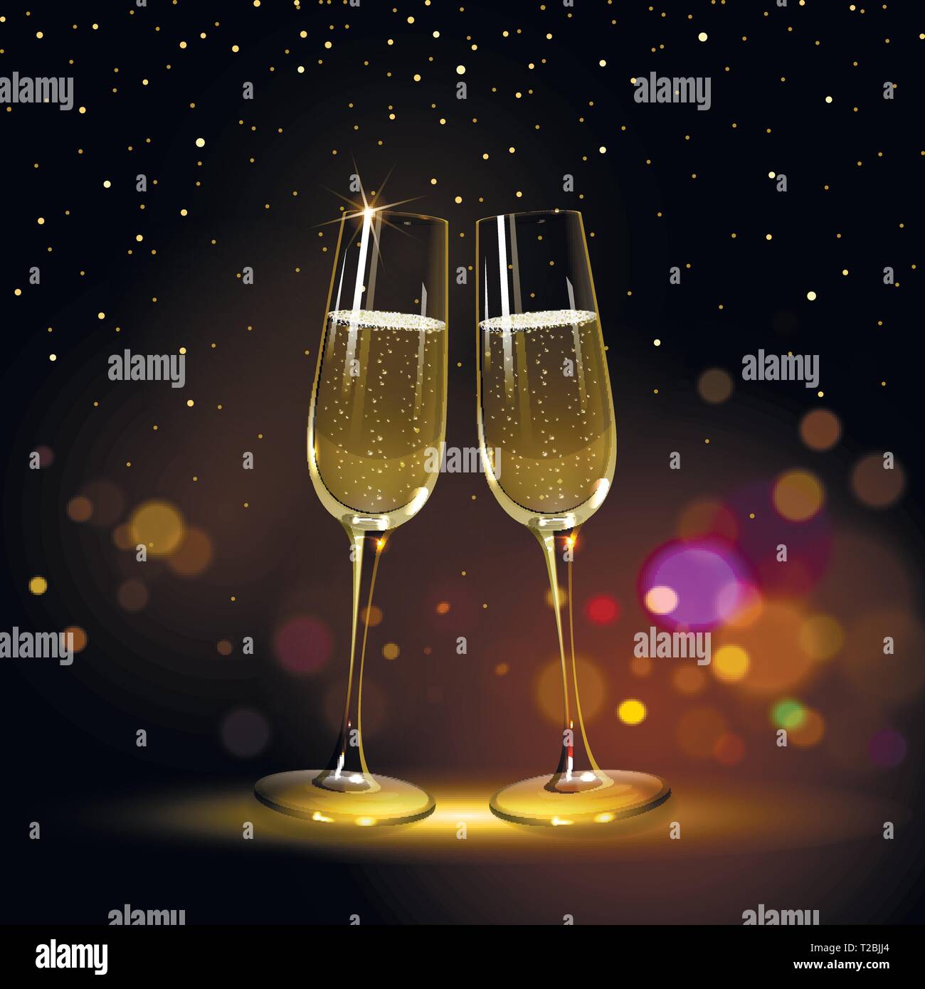 congratulatory background with glasses of champagne and golden confetti Stock Vector