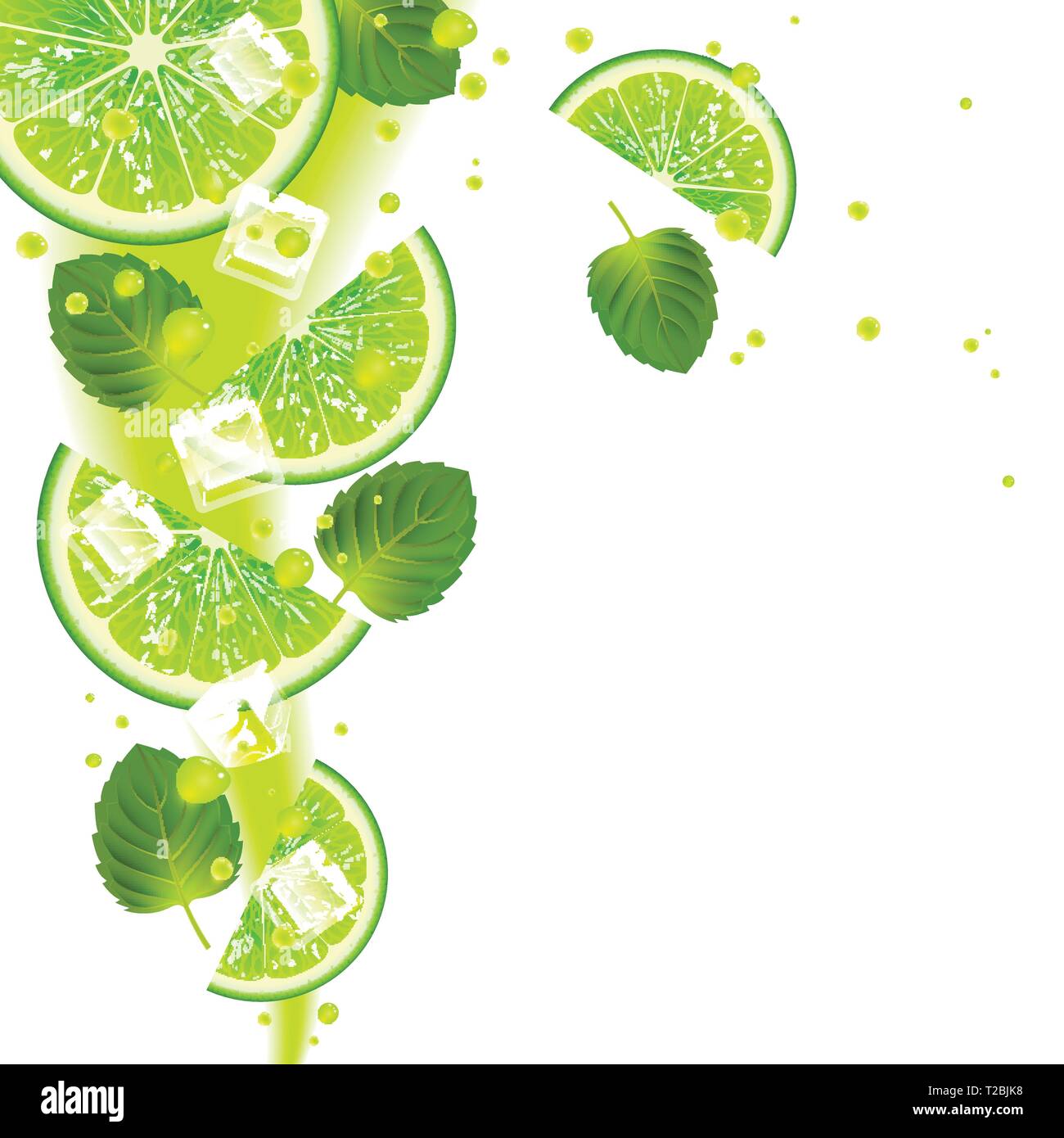 lime with mint leaves and splashes of juice on a white background Stock Vector