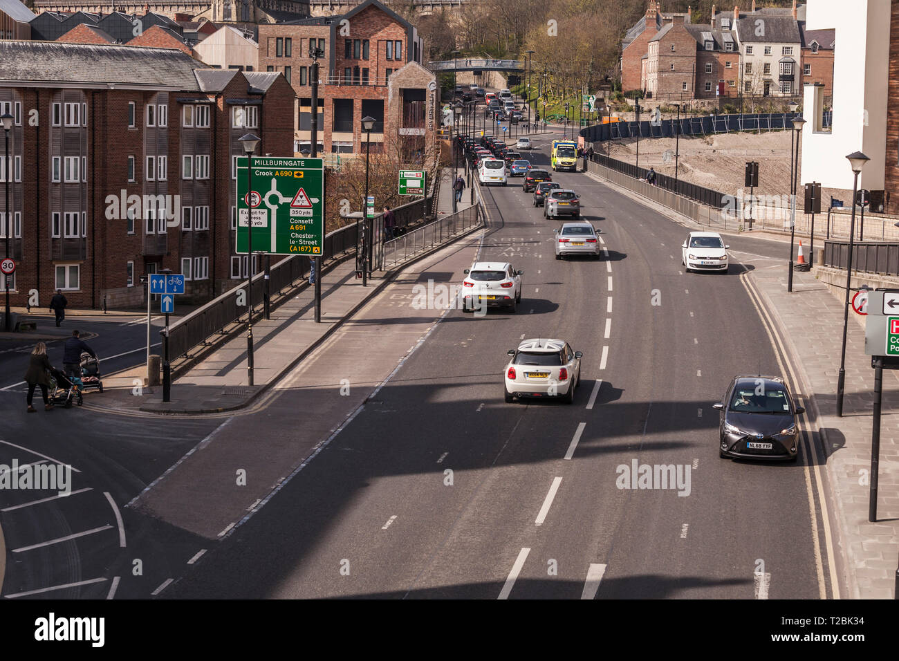 A view of the busy Milburngate Road,A690, through Durham,England, UK
