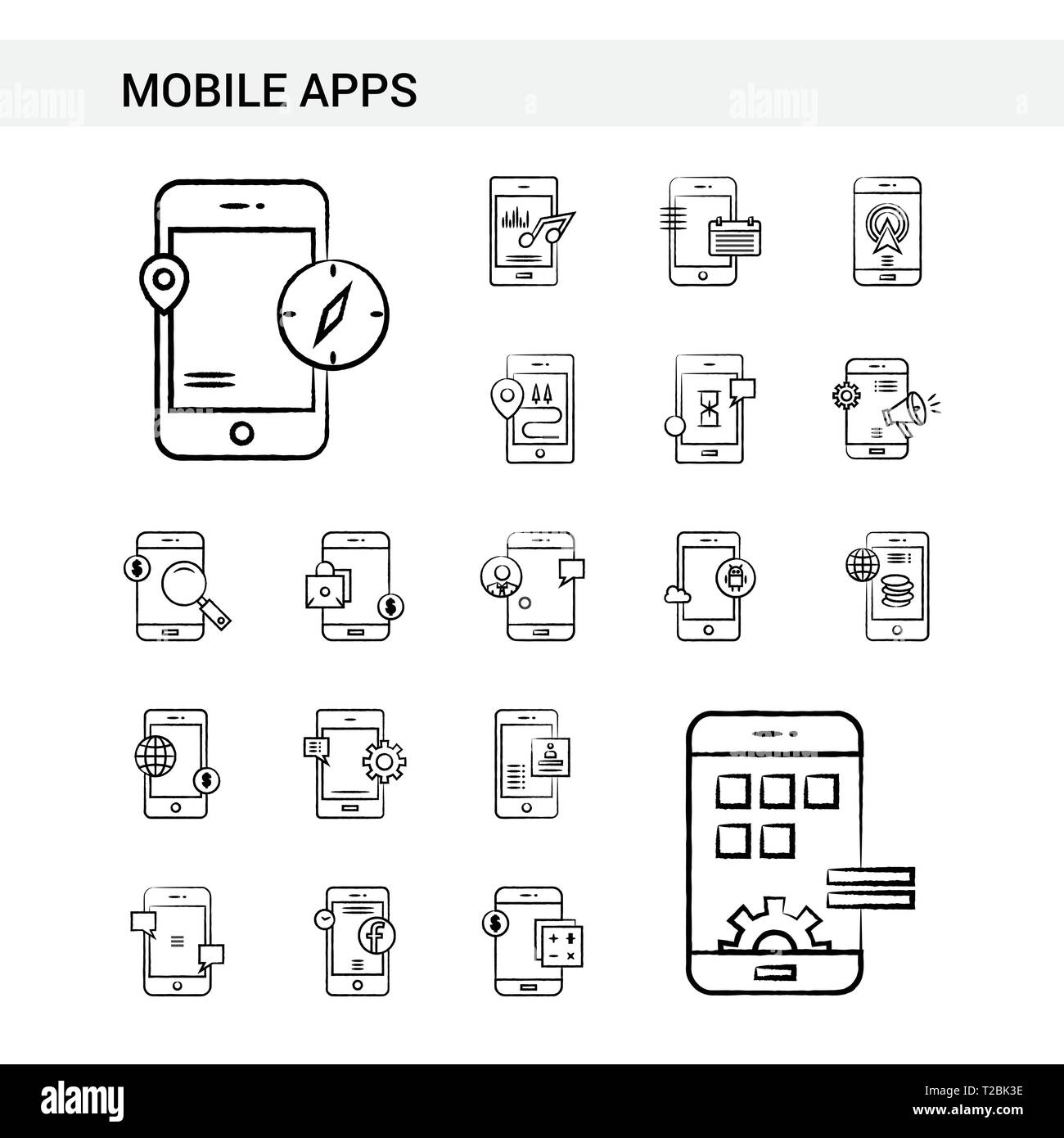 Mobile apps hand drawn Icon set style, isolated on white background. Vector Stock Vector Image