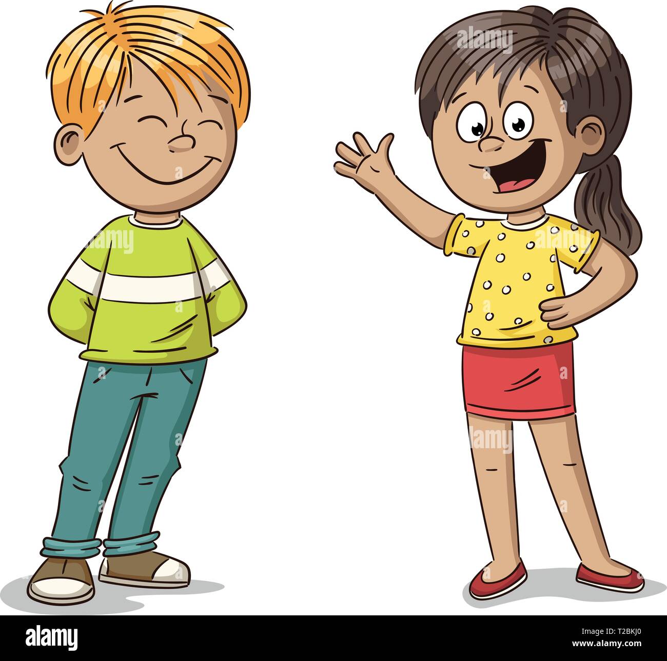 Happy cartoon boy and girl, hand draw vector illustration. Stock Vector