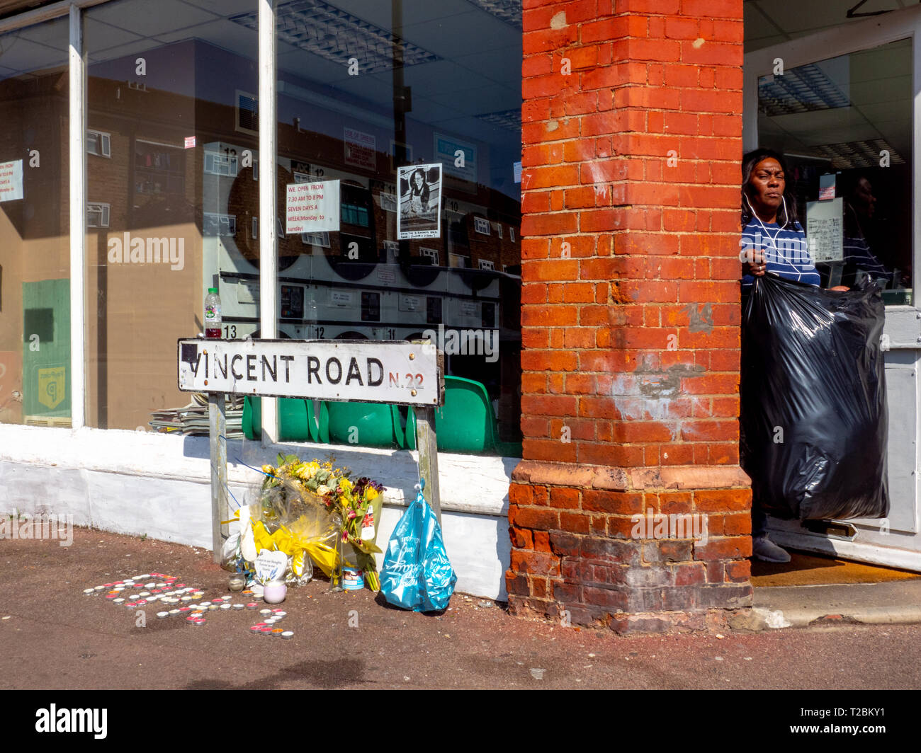 Flowers laid on Vincent Road in the Wood Green area of north London