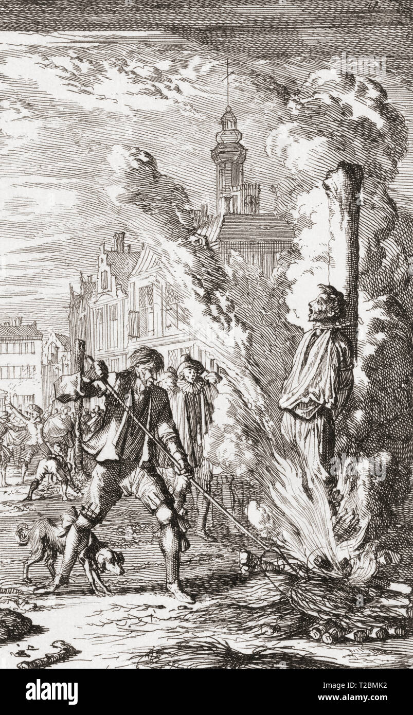 A heretic is burned at the stake in the 16th century. Stock Photo