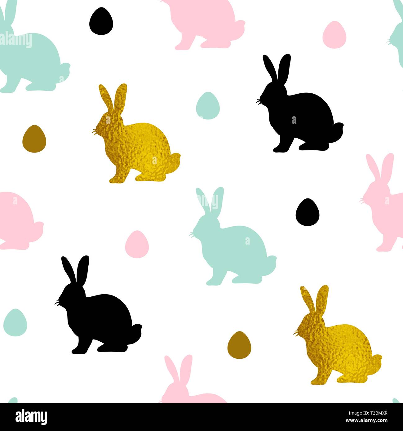 Easter seamless pattern with multicolored rabbits and eggs on a white background. Vector illustration. Stock Vector