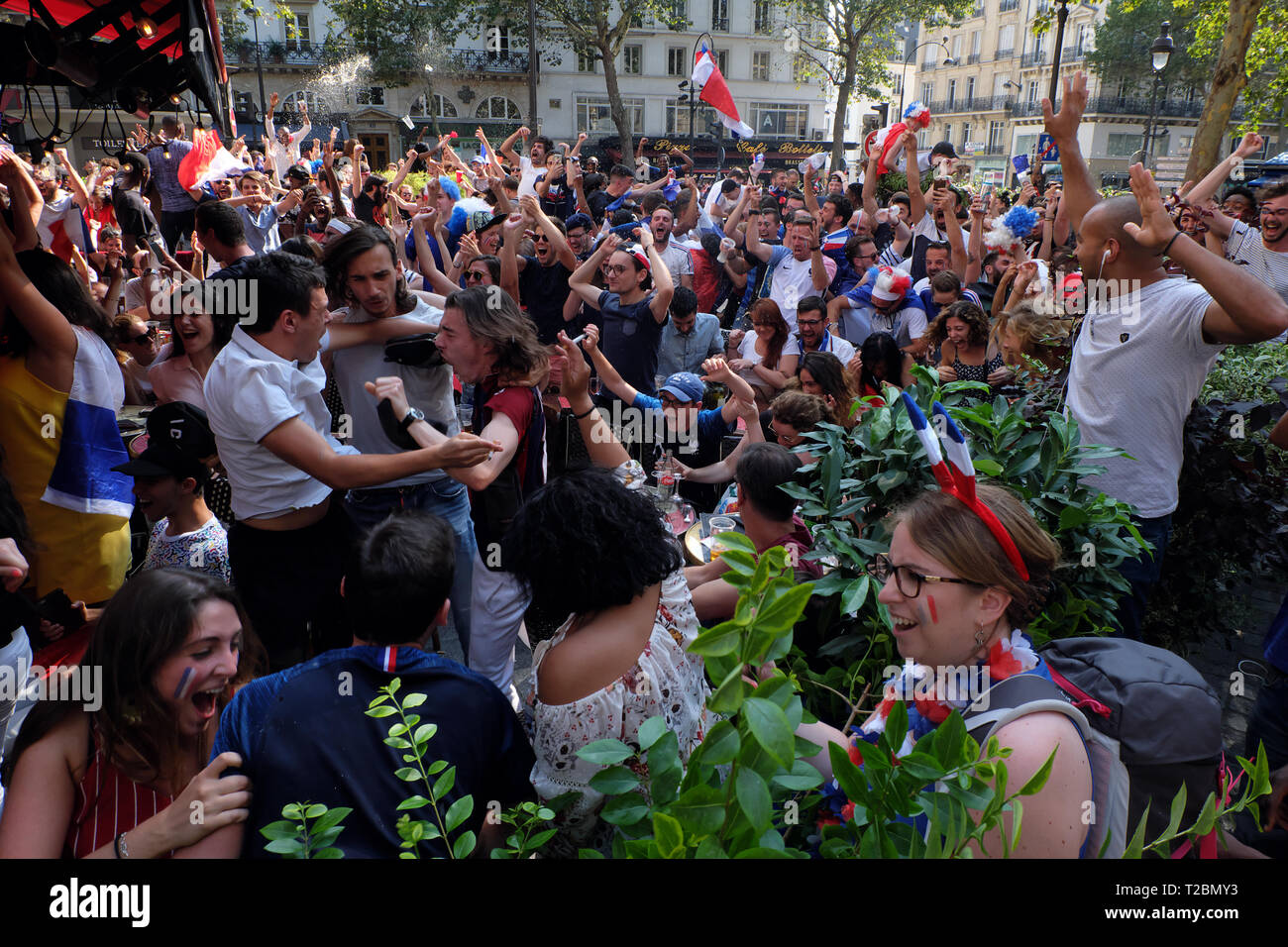Parisians gathered near the Porte Saint-Martin enjoy the FIFA World Cup Final in July 2018, as France became World Football  Champions. Stock Photo