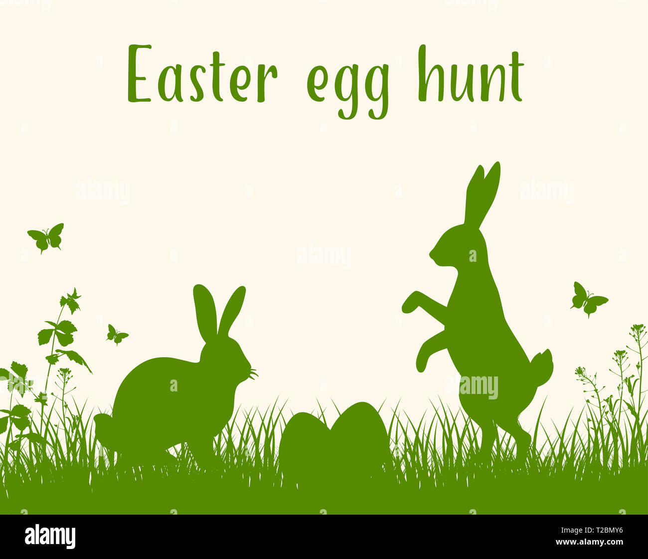 Easter green background with silhouettes of two rabbits, grass and eggs. Easter egg hunt. Stock Photo