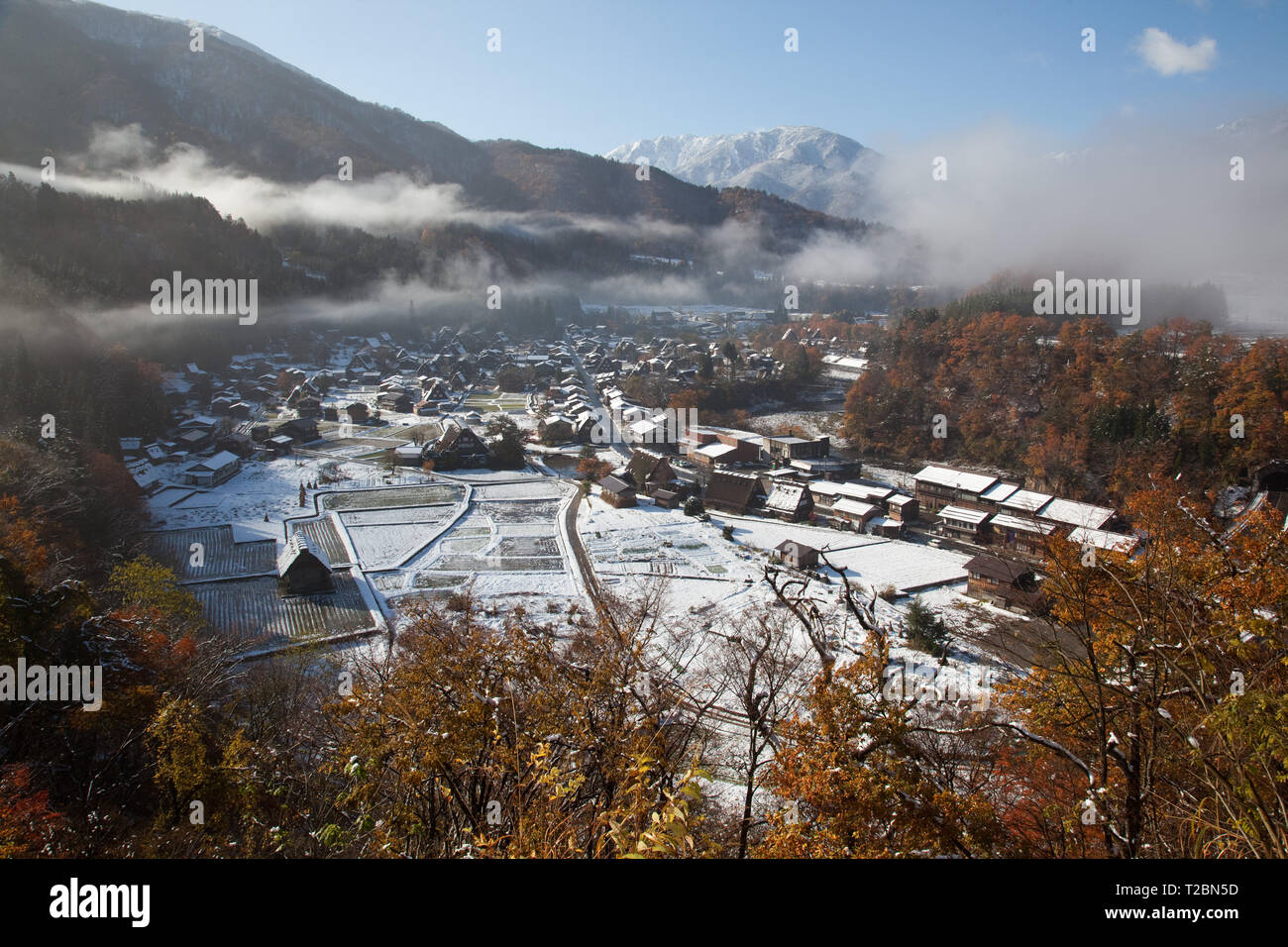 The first snow of the year in the morning sun of Ogimachi Village Stock Photo