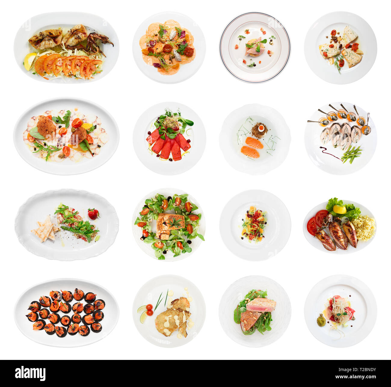 Set of farious fish and seafood starters, isolated on white background