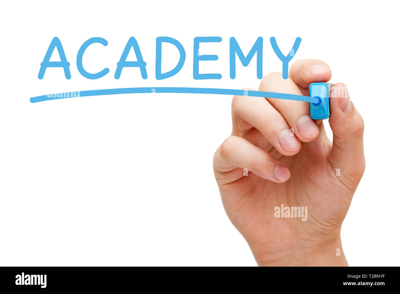 Hand writing the word Academy with blue marker on transparent wipe board isolated on white background. Stock Photo