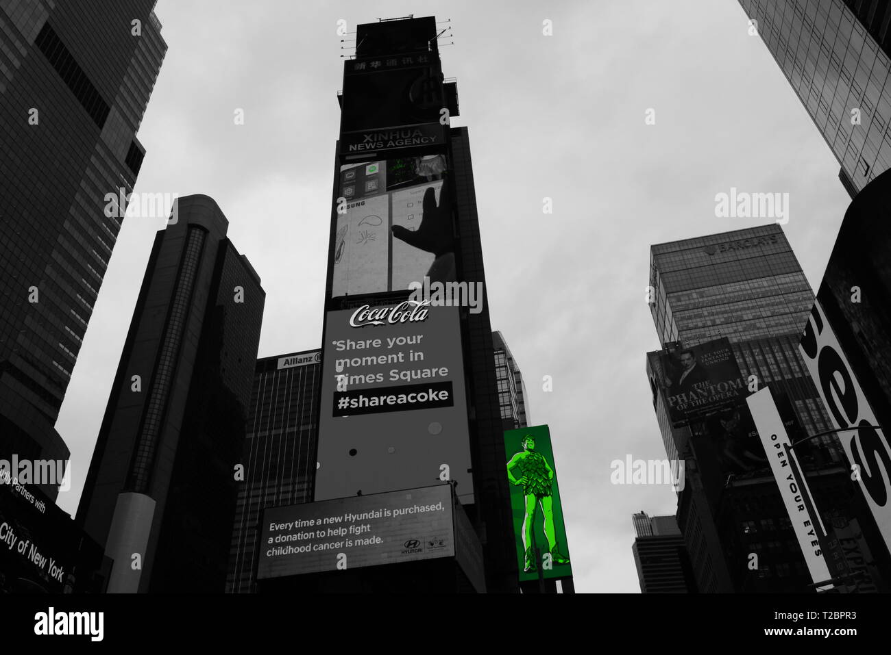 times square new york city black & white shot with green giant 2018 Stock Photo