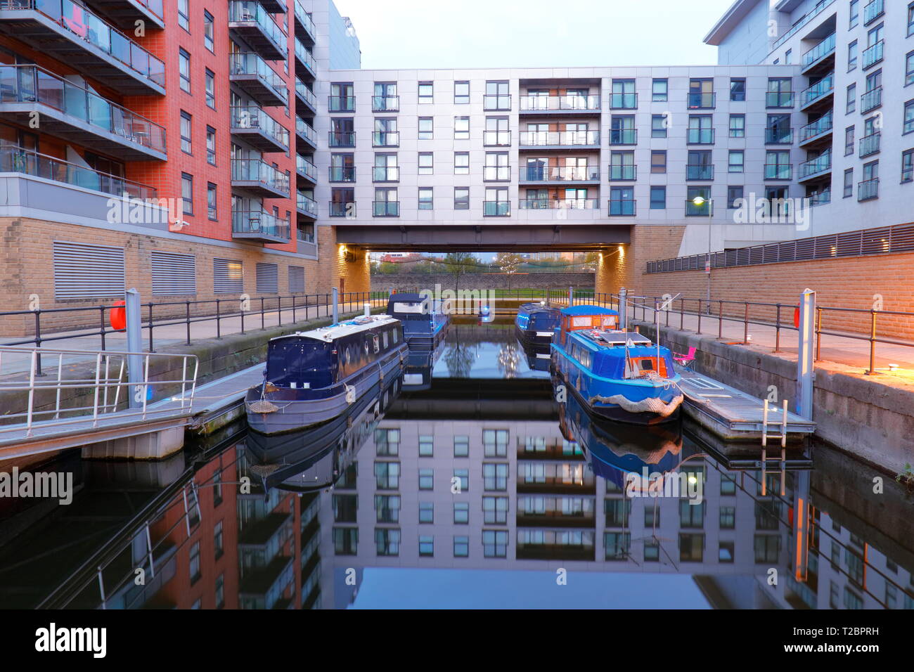 Calm reflections at Leeds Dock near to Leeds City Centre Stock Photo