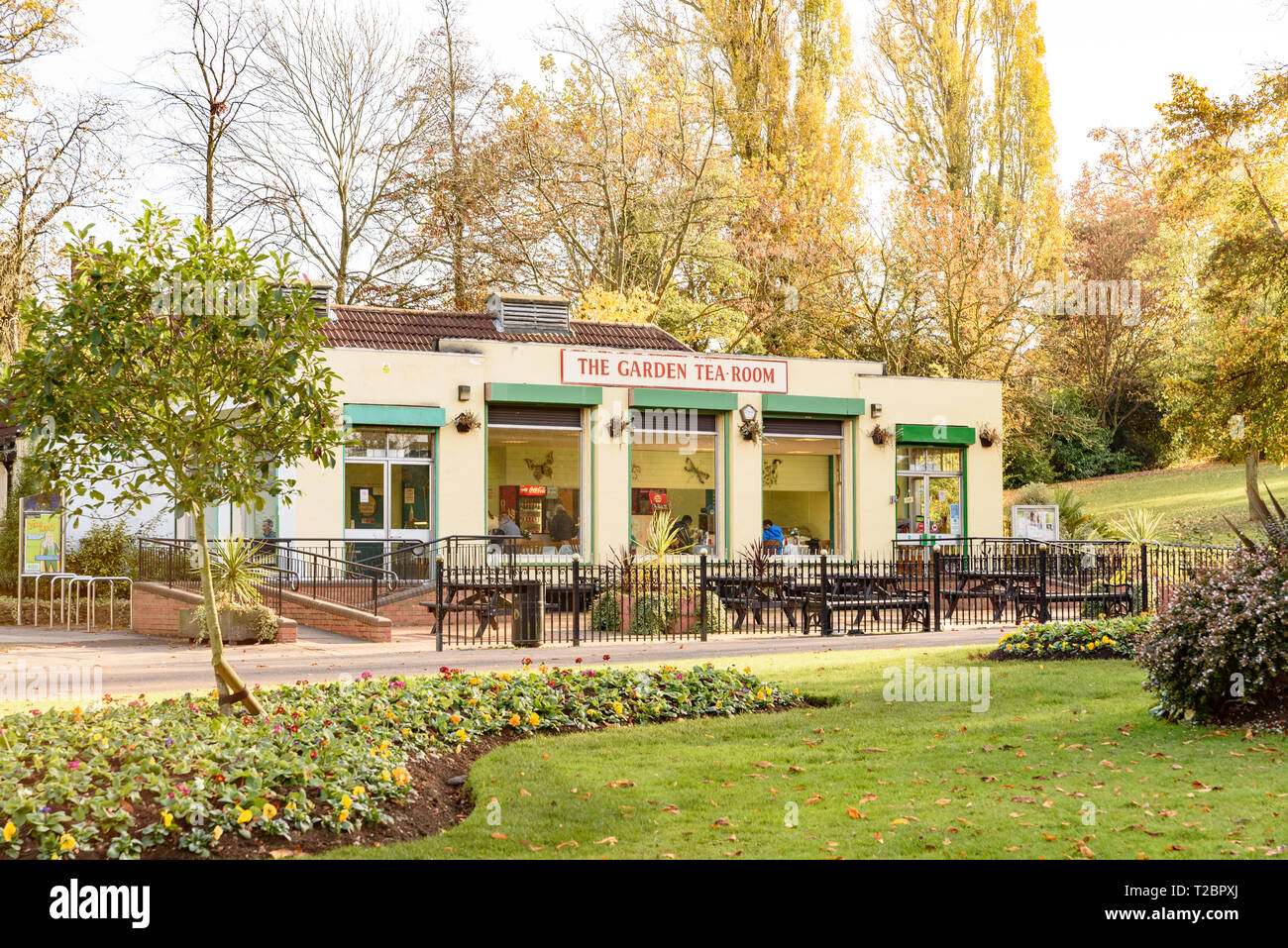 The Garden Tea Room at Cannon Hill Park with colourful, autumnal trees
