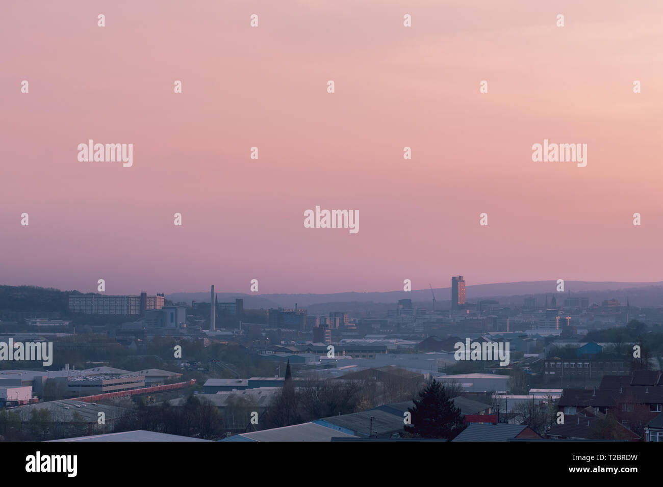 Aerial view of Sheffield city during a lovely pink spring sunset in March 2019 Stock Photo
